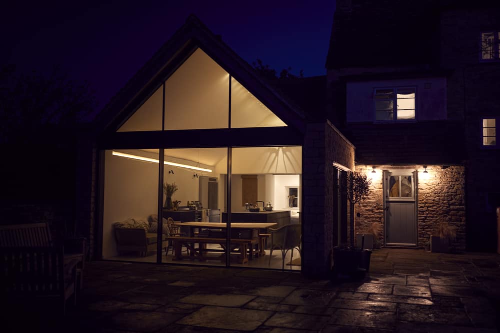 Kitchen Conservatory Extension Lighting at Night.