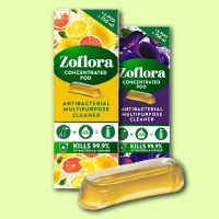 A package of Zoflora concentrated disinfectant pods, featuring a variety of fragrances, with each pod designed for single-use application to ensure precise dosing and ease of use.