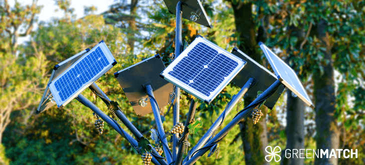 Solar tree with photovoltaic panels in a park, generating renewable energy