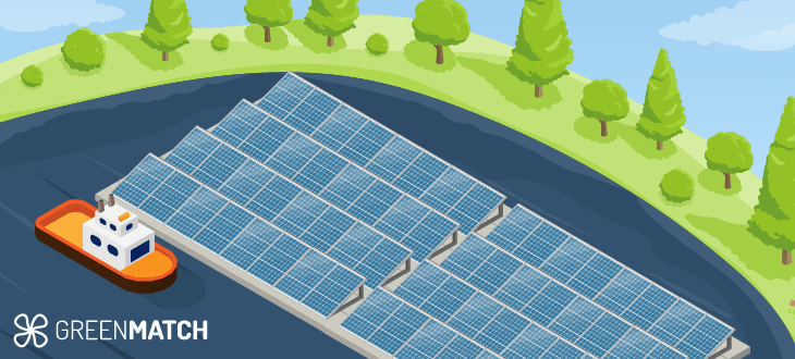 Floating solar panels on a serene lake, showcasing innovative renewable energy solutions and efficient use of water surfaces.