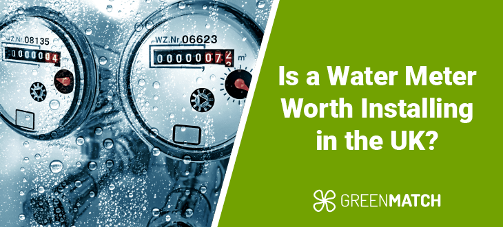 A modern water meter installed in a UK home, displaying digital readings of water consumption. Next to it symbolising potential cost savings.