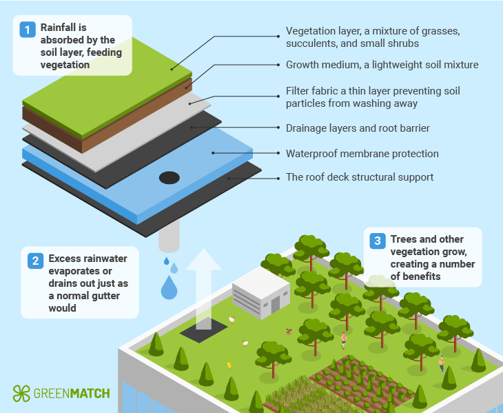 Green roofs, also known as living roofs, are roofs that are partially or completely covered with vegetation and a growing medium, planted over a waterproofing membrane.