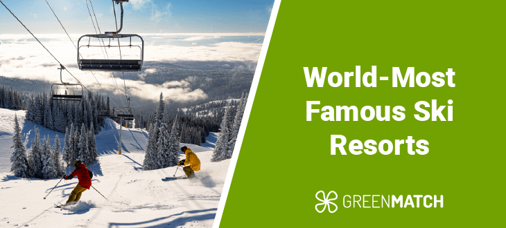 Breathtaking panoramic view of a snow-capped mountain range, with a winding ski slope leading down to a cozy ski resorts.